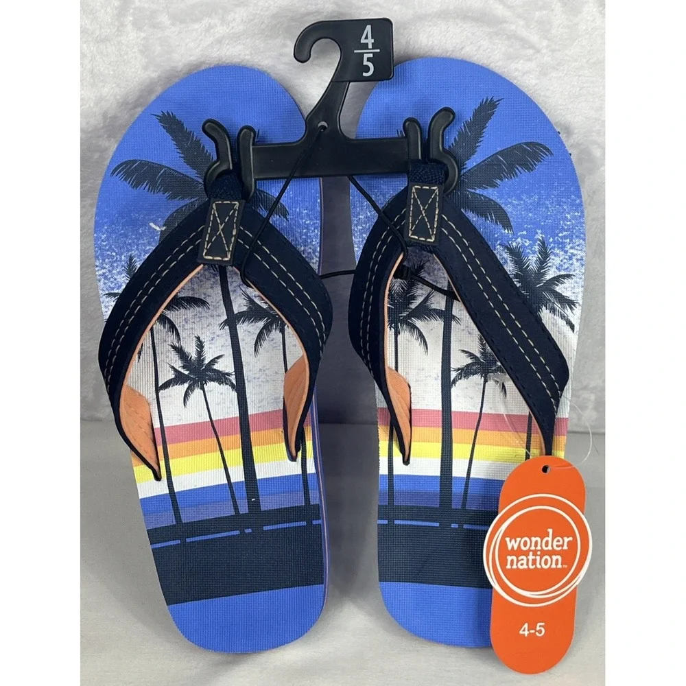 Wonder Nation Palm Tree Design Flip Flops Unisex Boys Girls Blue Size 2/3 NEW